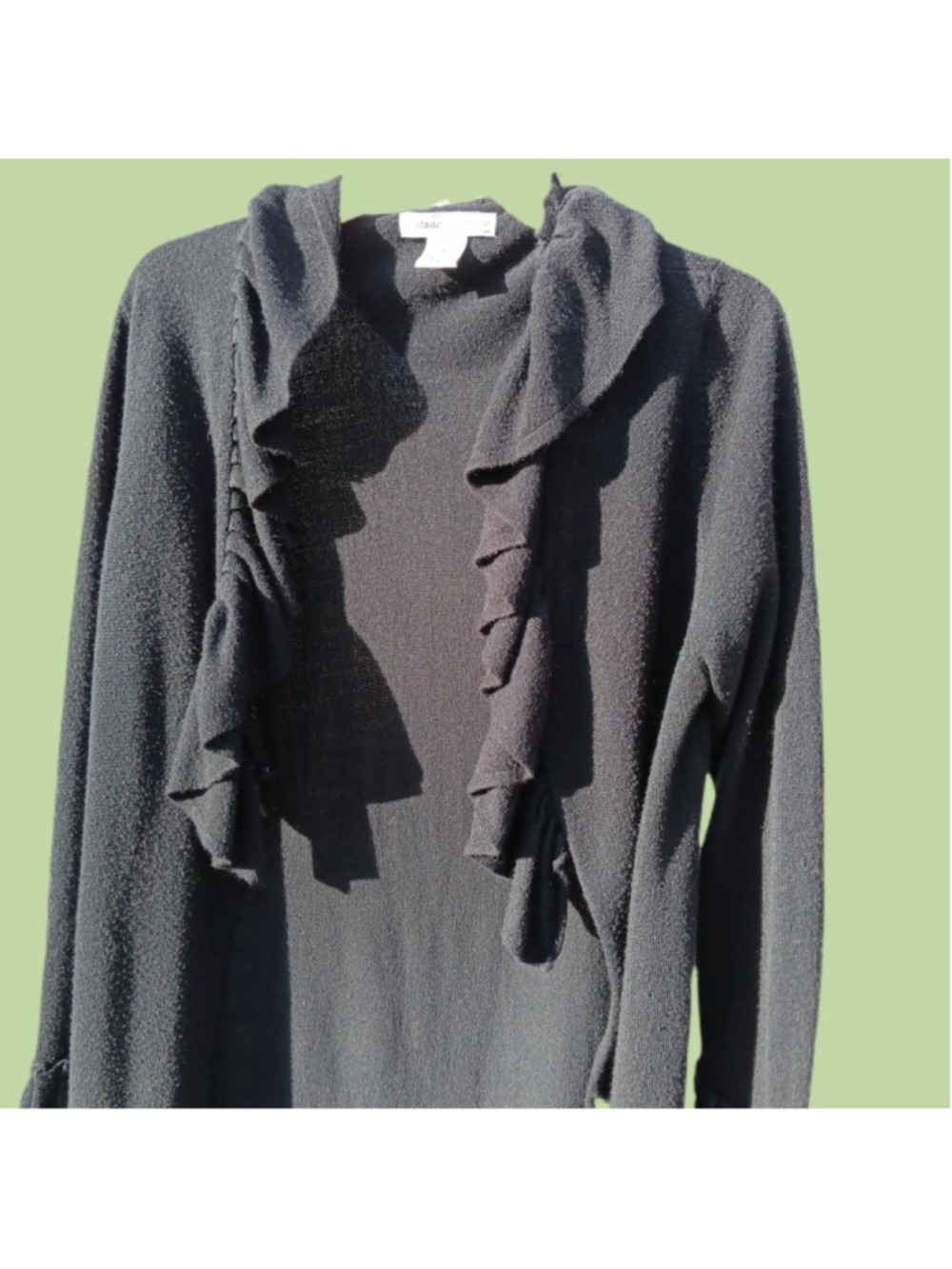 Vintage Suzie Black Open Front Cardigan Sweater Ruffles At Neck & Wrist Size M